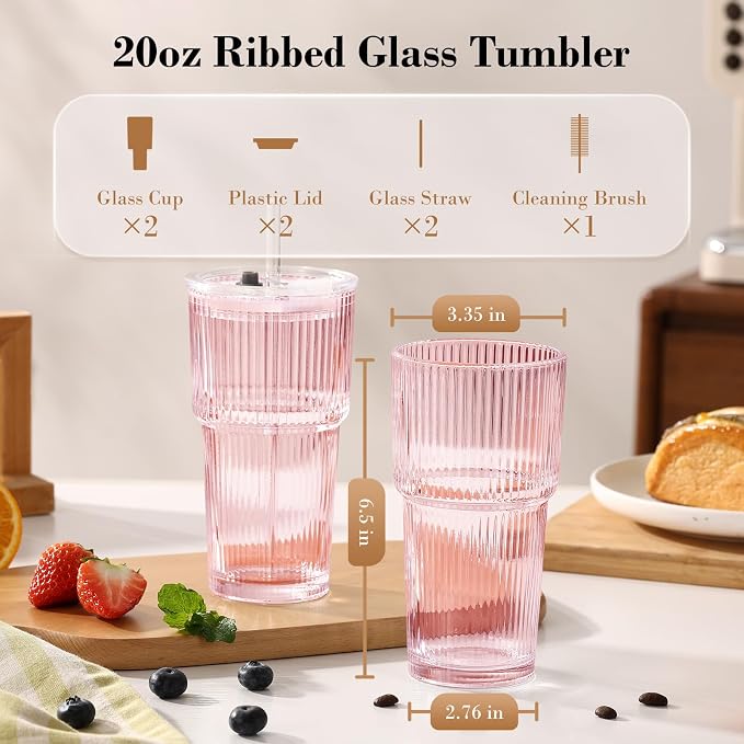 20oz Iced Coffee Cups with Lids, Ribbed Glass Cups with Lids and Straws | Thick Reusable Glass, Leak-Resistant Lids, Fits Most Car Cup Holders, For Iced Coffee, Tea, Smoothies and Cold Drinks - Image 6