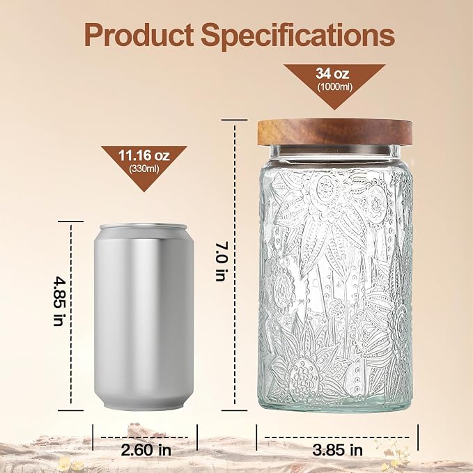 34 OZ Vintage Glass Jar with Lid, Airtight Food Storage Canisters with Bamboo for Kitchen Counter Pantry, Ideal for Coffee, Candy, Tea, Oats, Sugar, Cookies Decorative Jars-Sunflower - Image 2