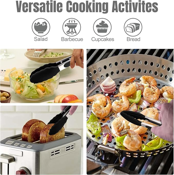 HOTEC Premium Kitchen Tongs, 7 & 9 Inch, Stainless Steel, Black, Set of 2 | Silicone Tips, Durable Spring Locking Mechanism, Non-Scratch & Heat Resistant, For Salad, BBQ, Serving - Image 3