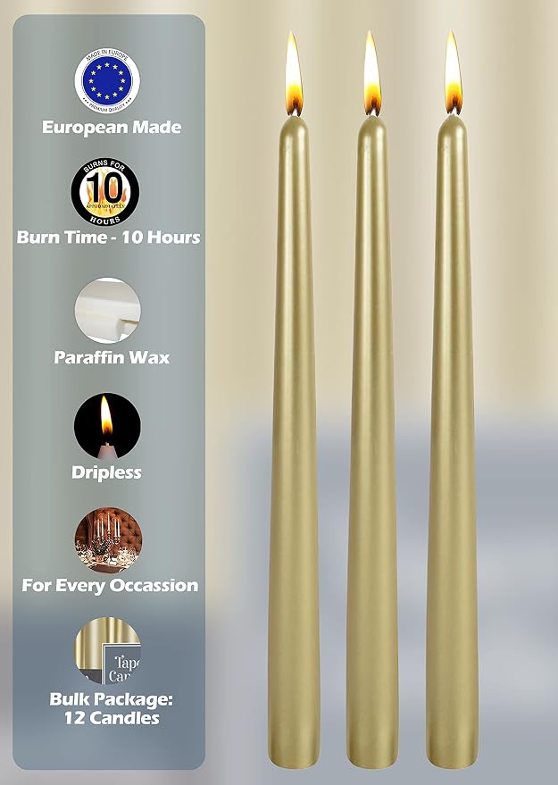 Hyoola Tall Metallic Cream Gold Taper Candles - 12 Inch - Dripless - 12 Pack - 10 Hour Burn Time - Image 4