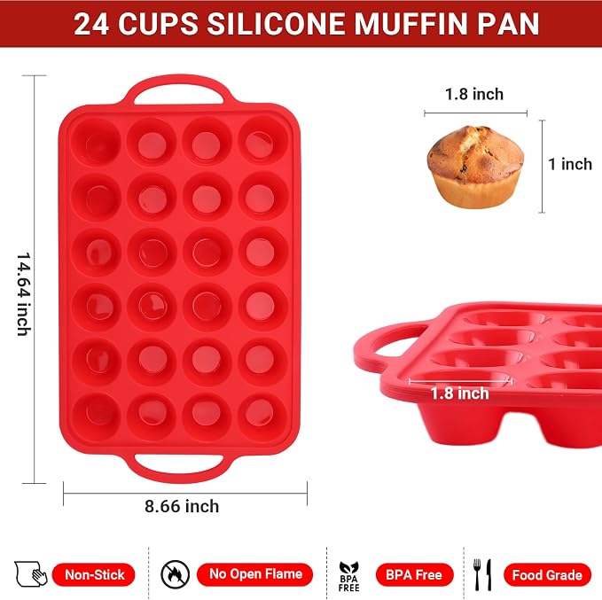 Redfly Silicone Mini Muffin Pans for Baking 24 Cup with Steel Frame Non-Stick,2Pack Small Cupcake Pan, Food Grade, Easy Release,Dishwasher Oven Freezer Microwave Safe for Muffin Tin Cake Pop Molds - Image 3