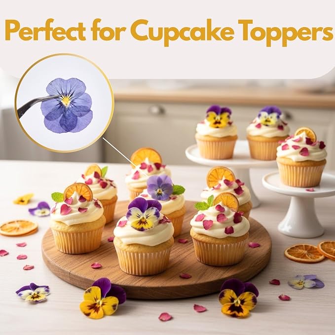 63 Pcs Edible Flowers Cake Decorations – Dried Edible Flowers for Cocktails, Drinks, Cupcake Topper & Cake Decorating, Food Grade Pressed Flowers Mix with Pansy, Heart Rose Petals & Orange - Image 3