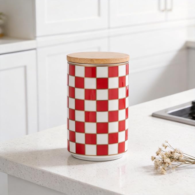 Kitchen Countertop Ceramic Checkered Canisters,Black And White Food Storage Containers With Lid,Airtight Kitchen Canisters for Flour, Sugar, Coffee, Tea, and Dry Goods (Red, Large) - Image 6