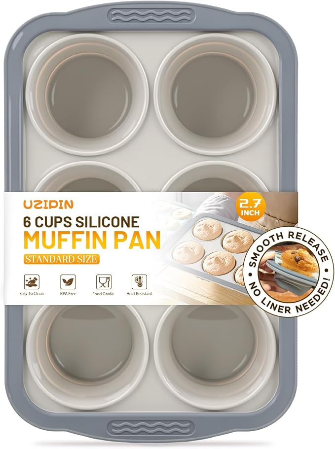 Silicone Muffin Pan, 6 Cups Non-Stick Cupcake Pan, Food-Grade BPA-Free Muffin Tin, Oven-Safe 450 °F, Reinforced Steel Frame, Easy-Grab Handles, Quick-Release 2.7" Baking Molds for Mini Treats by Unknown
