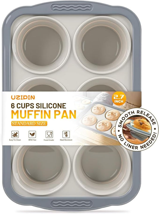 Silicone Muffin Pan, 6 Cups Non-Stick Cupcake Pan, Food-Grade BPA-Free Muffin Tin, Oven-Safe 450 °F, Reinforced Steel Frame, Easy-Grab Handles, Quick-Release 2.7" Baking Molds for Mini Treats by Unknown