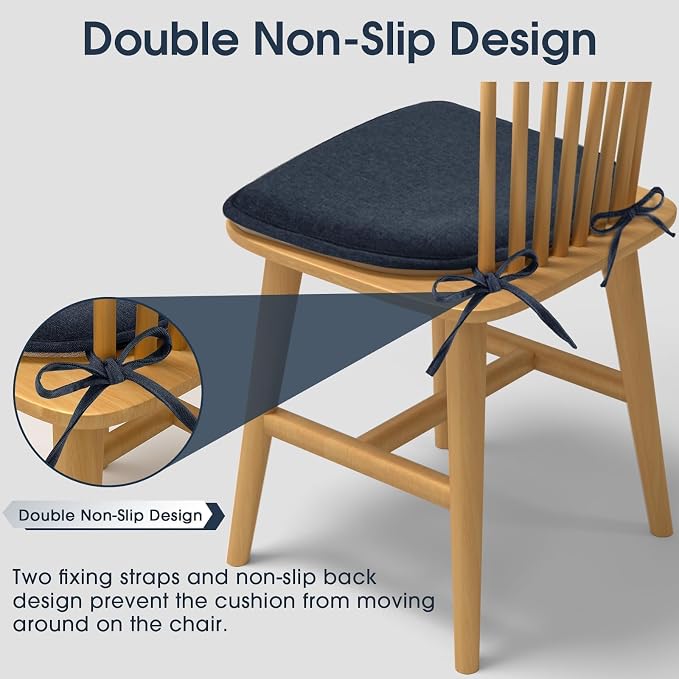 TushGuard Chair Cushions, 4 Pack Memory Foam Chair Pads, Blue | Dining Chair Pads with Fixed Straps, Thin Seat Cushion, Anti-Slip Kitchen Chair Cushion Set - Image 4