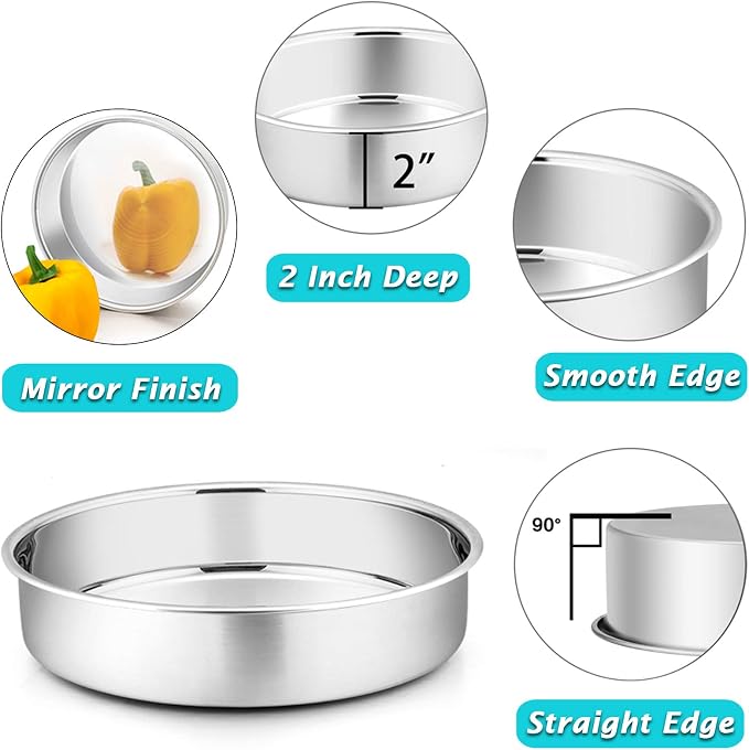 P&P CHEF 9.5 Inch Round Cake Pan Set of 3, Stainless Steel Baking Cake Pans | Round Baking Cake Pan Bakeware for Layer Birthday Cake, Fit Oven/Pots/Pressure Cooker, Leakproof & Dishwasher Safe, Silver - Image 3