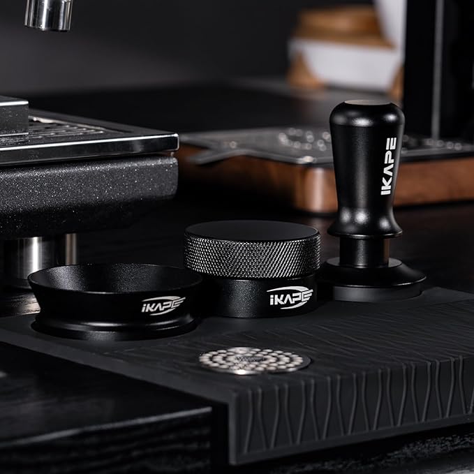 IKAPE 53MM Coffee Tamper Set Black 6 IN 1, Espresso Tool Kit for Making Perfect Shots – Tamper, Distributor, Funnel, Mat, Screen, and Towel