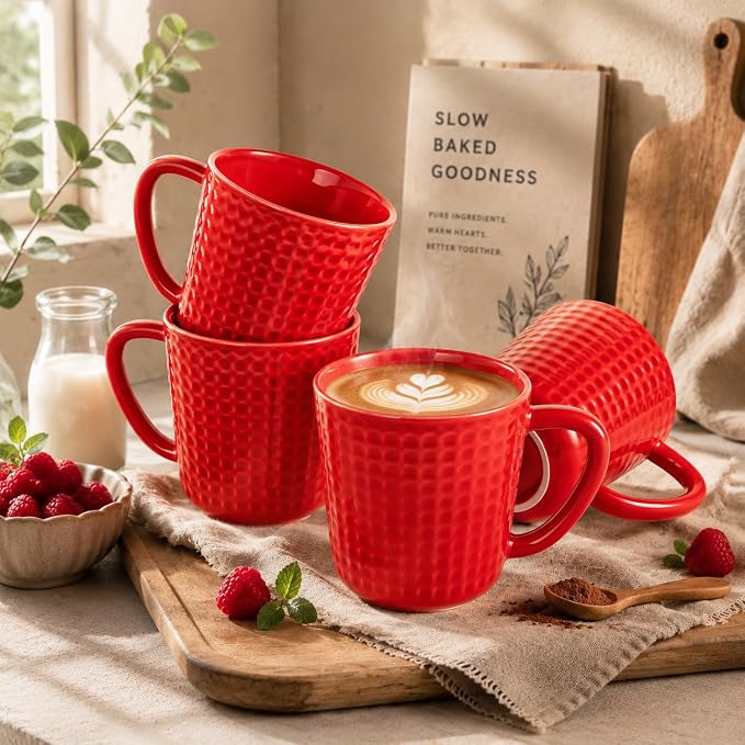 Ceramic Coffee Mugs Set of 4, 14 oz Red Coffee Cups with Handle | Coffee Mugs for Office & Home, Latte Cocoa, Lead-Free, Wedding & Housewarming Gift, Microwave & Dishwasher Safe by Seworlan