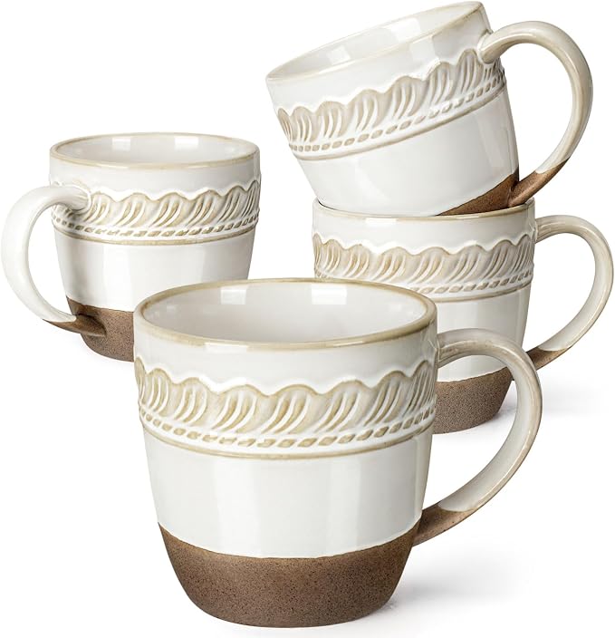 Artena Ceramic Coffee Mugs Set of 4, 16oz Embossed Large Latte Mugs Coffee Cups with Handle for Tea, Latte, Cappuccino & Cocoa, Milk Dishwasher & Microwave Safe, White (Willow Leaf) by Artena