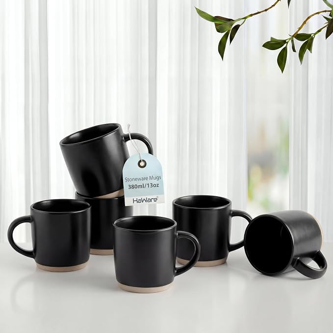 HaWare 13OZ Coffee Mugs Set of 6, Stoneware Coffee Cups, Ceramic Latte Mug for Man, Woman, Dad, Mom, Modern Tea Mugs for Latte/Cappuccino/Cocoa/Milk, Dishwasher& Microwave Safe, Frosting Black by HaWare