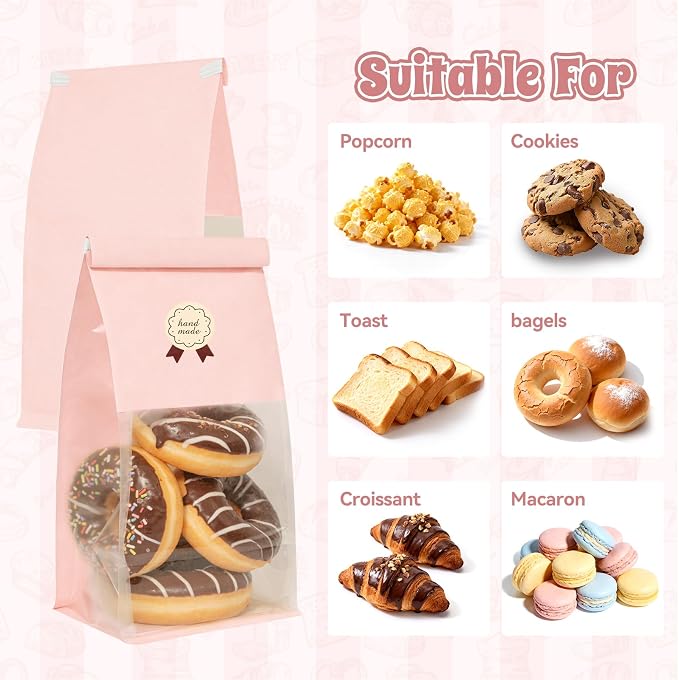 100 Bakery Bags with Window, 5.1x3.9x11 Inches Paper Bread Bags, Tin Tie Tab Lock Cookie Bags Food Storage Bag for Snacks, Popcorn, Candies, 120 pcs Stickers Included (100, Medium) - Image 4