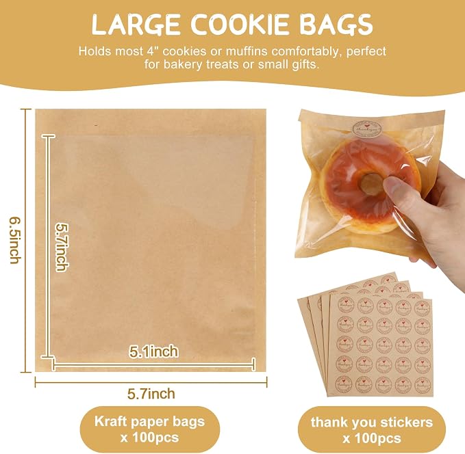 SUREHOME Cookie Bags Small Brown Paper Bags with Window 100 Pcs Thank You Stickers 5.7 x 6.5 Inch Individual Heat Sealable Kraft Bakery Bags for Gift Giving, Treats, Snacks, Baked Goods Packaging - Image 2