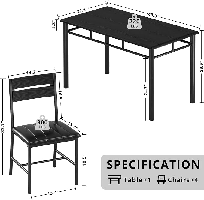 IRONCK Dining Table Set for 4, Black | Wood Kitchen Table with Upholstered Chairs for Kitchen Room and Small Spaces - Image 2