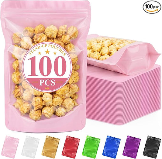 ANZNKU 100PCS Mylar Bags Resealable Small Smell Proof Bags(Pink, 5.9x8.6) | Stand Up Foil Pouches Clear Window, Sealable Bags for Small Business Packaging Snack Party Favors Candy Treats Food Storage by ANZNKU