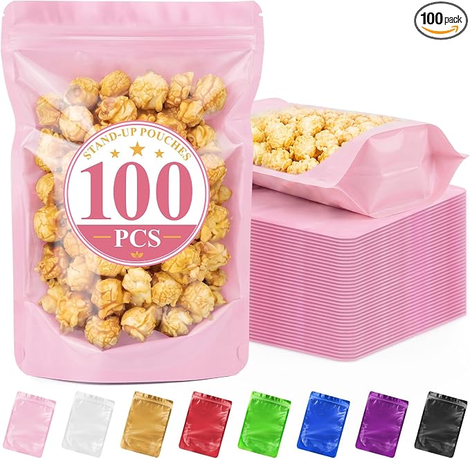 ANZNKU 100PCS Mylar Bags Resealable Large Smell Proof Bags(Pink, 8x12) | Stand Up Foil Pouches Clear Window, Sealable Bags for Small Business Packaging Snack Party Favors Candy Treats Food Storage by ANZNKU