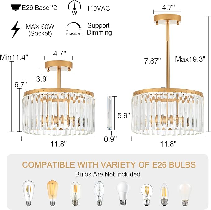12" Gold Semi Flush Mount Crystal Ceiling Light Fixtures for Kitchen Modern Industrial 2-Light Small Chandeliers Lighting for Bedroom Entryway Hallway Living Dining Room Foyer - Image 2