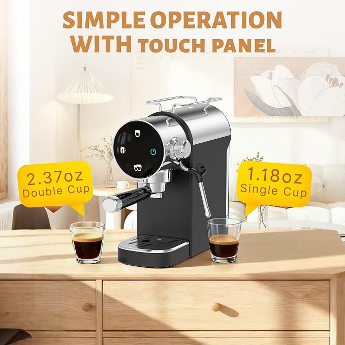 AYCHIRO 20 Bar Semi-Automatic Espresso Machine, Touch Panel Espresso Maker with Milk Frother Steam Wand, Cappuccino Latte Coffee Machine, Removable Water Tank for Home Barista,Soft Matte Black - Image 4