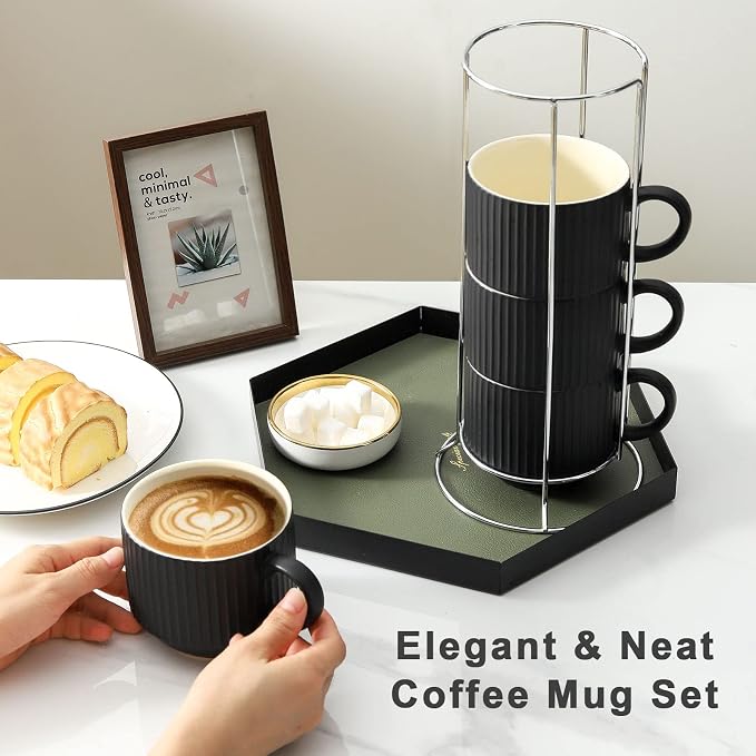 HASENSE Coffee Mug Ceramic Set of 4 with Stand, Stackable Large Latte Cups with Metal Stand, Dishwasher & Microwave Safe, Black for Cappuccino Tea Hot Cocoa - Image 2