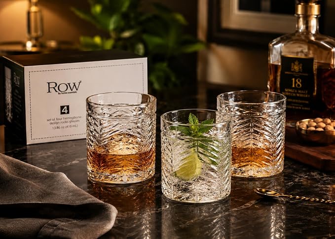 Set of 4 Double Old Fashioned Whiskey Glasses 13.86 oz, Heavy Base Rocks Glasses, Textured Herringbone Drinking Glasses, Bourbon Scotch Cocktail Tumblers - Image 3
