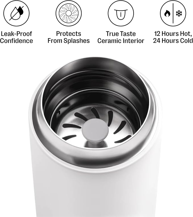 Fellow Carter Move 12oz Ceramic-Lined Coffee Travel Mug - Vacuum-Insulated Stainless Steel Tumbler, No Metallic Taste, Leak-Proof, Hot 12Hr Cold 24Hr, Dishwasher Safe, BPA-Free, Matte White - Image 2