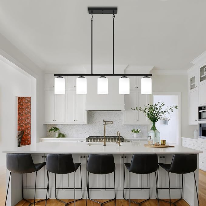 Modern Kitchen Island Lighting, Dining Room Light Fixtures Over Table | 37'' Black Island Lights for Kitchen, 5-Light Farmhouse Linear Chandeliers White Frosted Glass Shade, Adjustable Height - Image 2