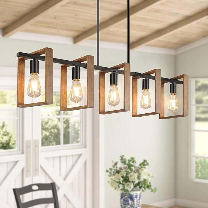 53’’ Farmhouse Kitchen Island Lighting, 5-Light Adjustable Dining Room Light Fixtures, Rustic Wood Chandeliers Black Hanging Light Fixtures for Kitchen, Pool Table Lights, Bulbs Not Included by Brightever