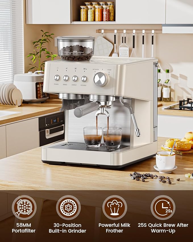 (2026 Upgrade) Espresso Machine with Grinder, 15 Bar Expresso Coffee Machines, Professional Coffee Maker for Latte&Cappuccino with Milk Frother, Expresso Machines for Home Descaling Kit Included White - Image 2