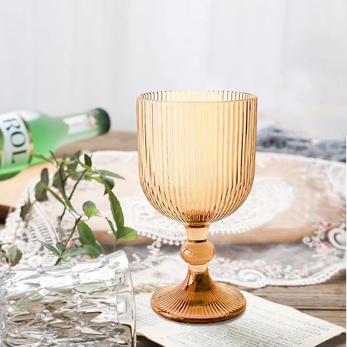 24 Pcs Vintage Wine Glasses, 11 Ounces Colored Glass Water Goblets, Colorful Unique Embossed Pattern High Clear Stemmed Glassware Wedding Party Bar Glass Drinking Cups Vertical Line Amber Set of 24 - Image 4
