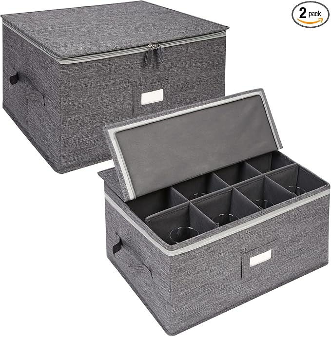Stemware Storage Containers 2 pack, Wine Glass Storage Box with Dividers | Glassware Storage Containers Holds 24 Red, White Wine Glasses or Crystal, Stackable Hard Shell Top Sides Bottom (Grey) by popoly