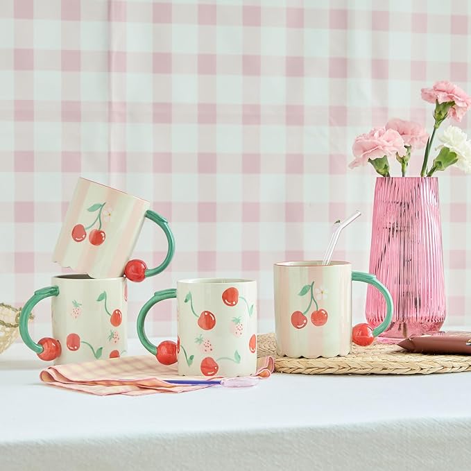 15oz Hand Painted Mug with 3D Cherry Handle - Strawberry & Cherry Pattern. Lead-Free, Microwave/Dishwasher Safe. Aesthetic Coffee Tea Cup Gift for Women & Girls-4pack - Image 2