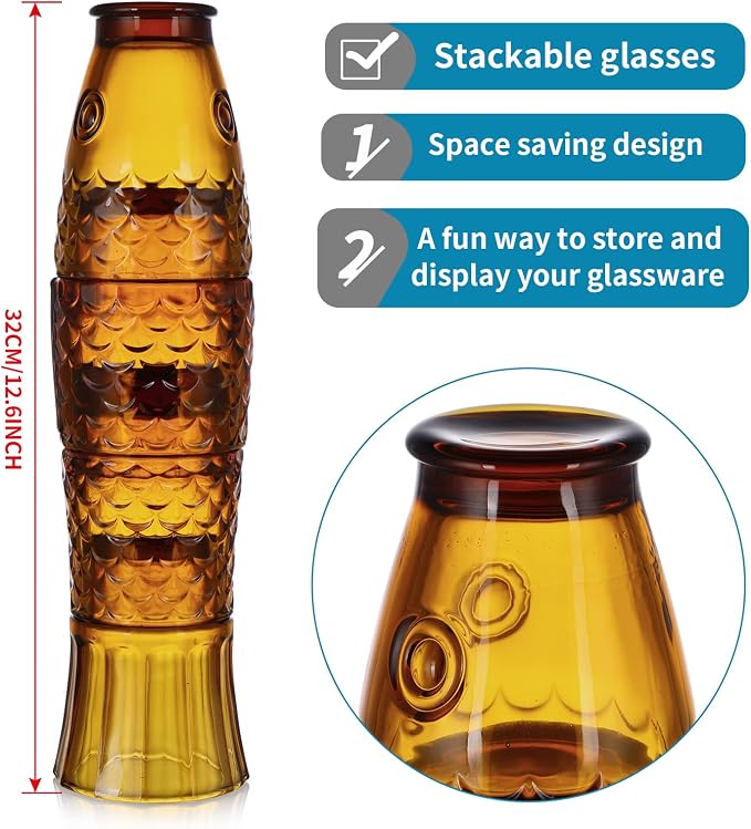 MDLUU Fish Design Tumbler Glasses, Stackable Drinking Glasses, Colored Glass Beverage Cups, Nautical Glassware for Gift, Set of 4 (Amber) - Image 4