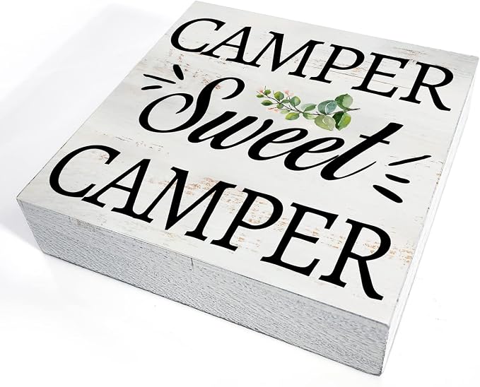 Camper Sweet Camper Wood Box Sign Home Decor Rustic Camping Quote Wooden Box Sign Block Plaque for Wall Tabletop Desk Home Decoration 5" x 5" - Image 3