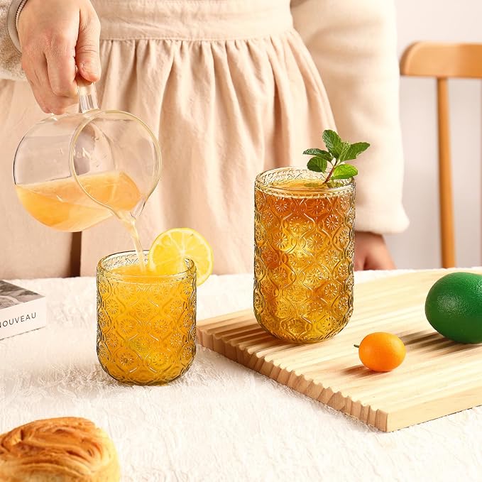 Green Drinking Glasses Set of 12, 12 Oz Highball & 10 Oz Cocktail Glasses, Green Kitchen Vintage Glassware Set, Floral Embossed Glass Tumbler Cups for Water, Beer, Juice, Whiskey, Coffee - Image 3