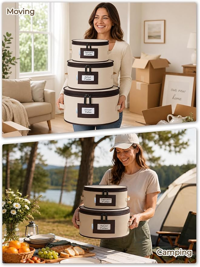 China Storage Containers, 4-Pack Hard Shell Plate & Dish Cases for Moving | Padded dividers and quilted lining protect plates and dishes; stackable for moving and holiday storage, beige hold set of 12 - Image 7