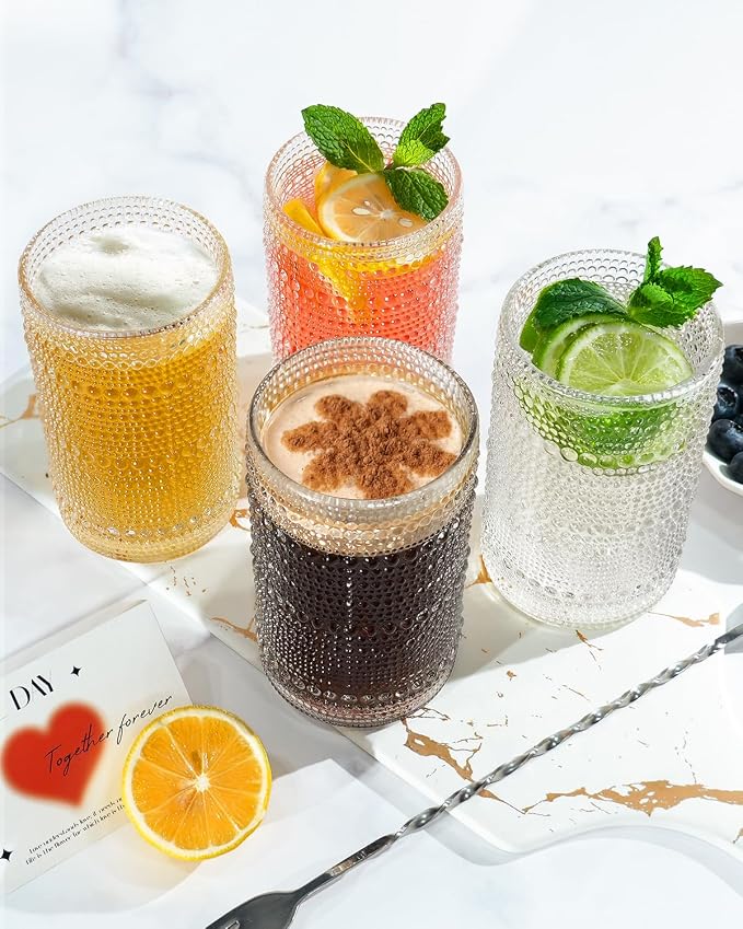 Large Capacity Glasses Drinking Set of 12, 15 oz Vintage Glassware Hobnail Glass Cups sets for Kitchen, Embossed Cocktail Glasses Set with Straws, for Beer, Juice, Cocktail, Whiskey, Milk - Image 6