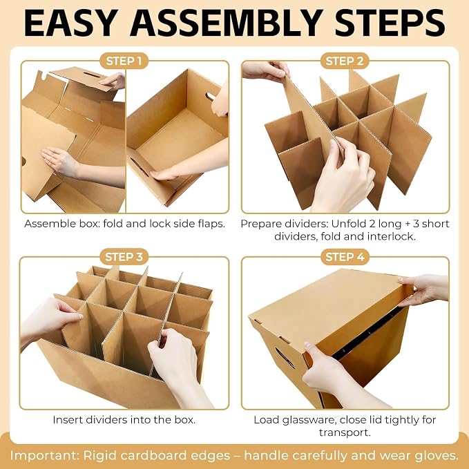 Wine Glass & Dish Moving Boxes, Glass Packing Boxes, Kitchen Storage Kit | 2 Pack, 15 x 12 x 10 In, Sturdy Corrugated Cardboard, with Ergonomic Handles & Secure Lids, for Glassware & Dishware, Brown - Image 7