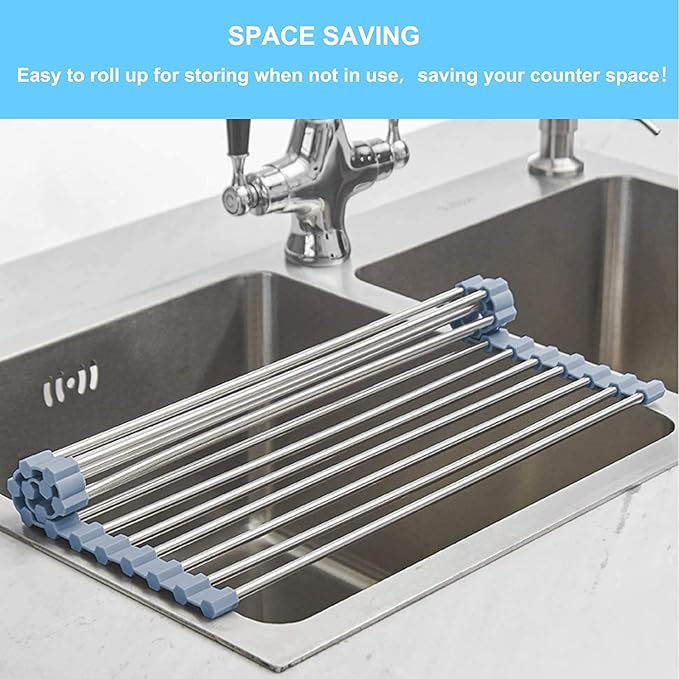 Seropy Roll Up Dish Drying Rack, Over the Sink Dish Drying Rack Kitchen Rolling Dish Drainer, Foldable Sink Rack Mat Stainless Steel Wire Dish Drying Rack for Kitchen Sink Counter Storage 17.5x11.8 - Image 3