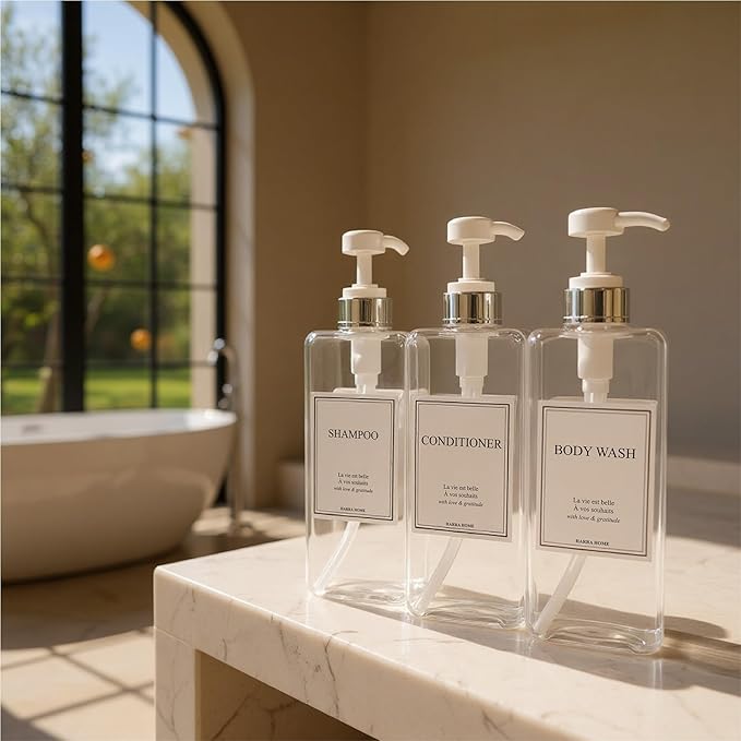 Modern Design Large 27 oz Shampoo and Conditioner Dispensers - Plastic Refillable Pump Bottle Set for Bathroom Shower Soap Dispenser, Includes 6 Waterproof Labels, Set of 3 (Clear & Silver)