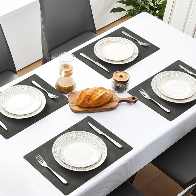 MOSAYT Vinyl Placemats Set of 6-12 X 17 Inch - Faux Leather 100% Waterproof Oil-Proof Wipeable PU Place Mats, Heat Resistant Reversible Table Mats for Kitchen, Dining, Outdoor, Dark Grey - Image 2