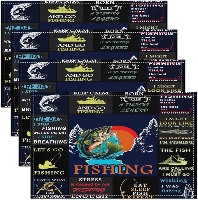 Feelyou Blue Pike Fish Placemats Set of 4 12"x18" Bass Big Fish Table Mats Placemat Fishing and Hunting Placemats for Dining Table Indoor Outdoor Kitchen Swordfish Decor Table Place Mats Fisherman by Feelyou