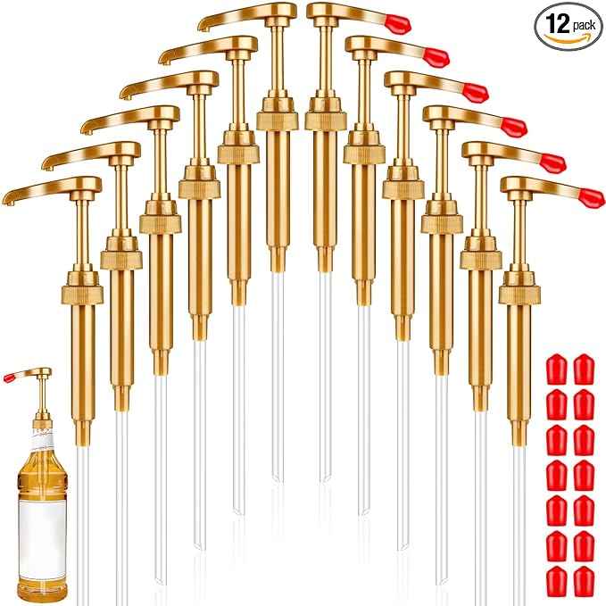 12 Pcs Syrup Pump, Gold Coffee Syrup Pumps with 20 Pcs Red Lid, Coffee Syrups Dispenser for Bottles, Drinks, Dessert, Tea(750 ML 25.4 OZ Bottles)