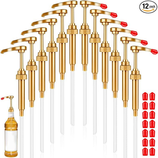 12 Pcs Syrup Pump, Gold Coffee Syrup Pumps with 20 Pcs Red Lid, Coffee Syrups Dispenser for Bottles, Drinks, Dessert, Tea(750 ML 25.4 OZ Bottles)