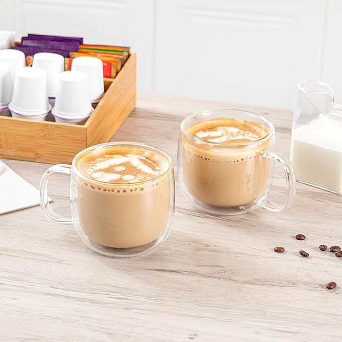 Restaurantware-Forma Professional 16.9 Ounce Double Wall Coffee Mugs, 12 Insulated Coffee Mugs With Handle - Dishwashable, Reusable, Clear Glass Beverage Cups, Freezable, For Hot Or Cold Beverages