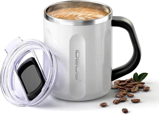 Ideus 16 oz Insulated Coffee Mug with Handle and Lid, Double Wall Stainless Steel Vacuum Thermal Coffee Mug, Travel Coffee Cup Thermal Cup for Home and Office, Snow White-FUJI FLOW by IDEUS