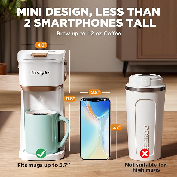 Tastyle Mini Single Serve Coffee Maker for K Cups and Grounds with Handle | for Travel, Camping, Office, RV and Dorm, Portable Handle,120V, 6 to 12 Oz Brew Size, BPA Free, K302, White and Brown - Image 4
