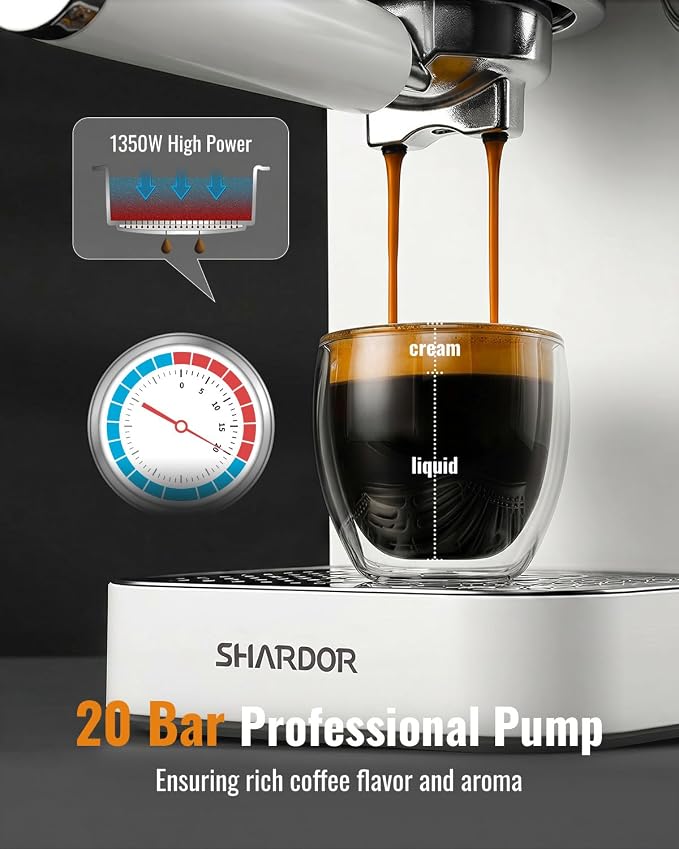 SHARDOR Espresso Machine 20 Bar, Professional Espresso Machine with Milk Frother and Touchscreen, Expresso Coffee Machines with Adjustable Temperature,for Cappuccino, Latte, Stainless Steel, White - Image 2