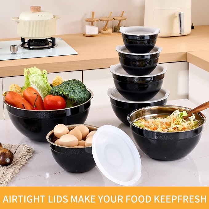 Black Mixing Bowls with Airtight Lids, Stainless Steel Nesting Mixing Bowls Set of 7, Ideal for Baking, Prepping and Serving Food, Size 7, 3.6, 2.7, 2.1, 1.5, 1.1,0.8 QT, Stackable Design - Image 6