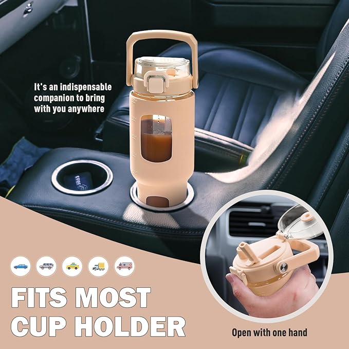 BLUEGO 32oz Glass Tumbler with Lid and Handle, Iced Coffee Cup with Straws, Glass Water Bottle with Silicone Sleeve and Volume, Marker Glass Cup with Time Marking, BPA Free, Amber