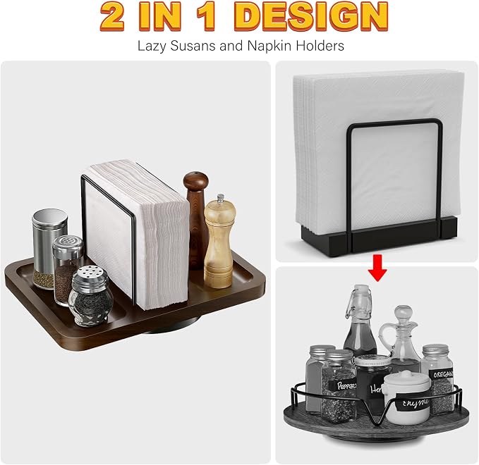 Rotating Napkin Holder for Table with Salt and Pepper Shakers Caddy | Standing Napkin Dispenser, Wood Paper Towel Holder for Bathroom Kitchen Dining Table Decor - Image 3
